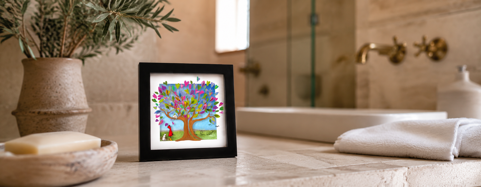 Tree of Purple Hearts — 3D glass painting by Jean-Pierre Weill: a tree blossoming with purple hearts