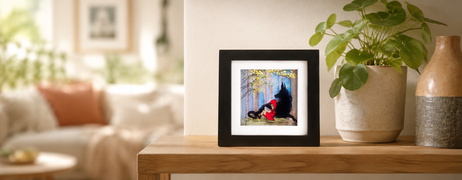 Red Riding Hood — 3D glass painting by Jean-Pierre Weill: Red Riding Hood at home in the forest