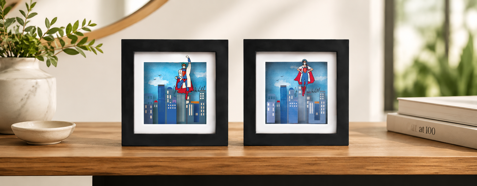 Medical Superhero — 3D glass painting by Jean-Pierre Weill: a caregiver in a superhero cape, a thank-you to medical staff