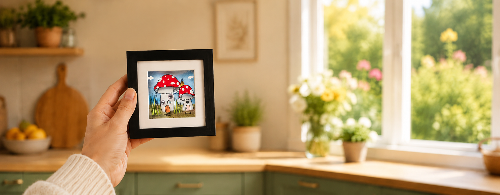 Daydreams — 3D glass painting by Jean-Pierre Weill: a mushroom house at the edge of the tall grass